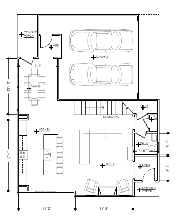 First floor architectural plan: living, kitchen, dining and garage